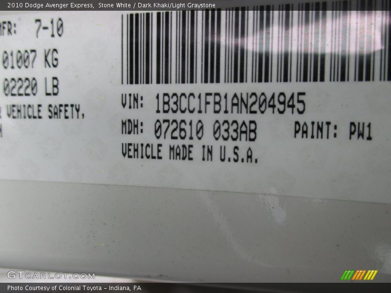 Stone White / Dark Khaki/Light Graystone 2010 Dodge Avenger Express