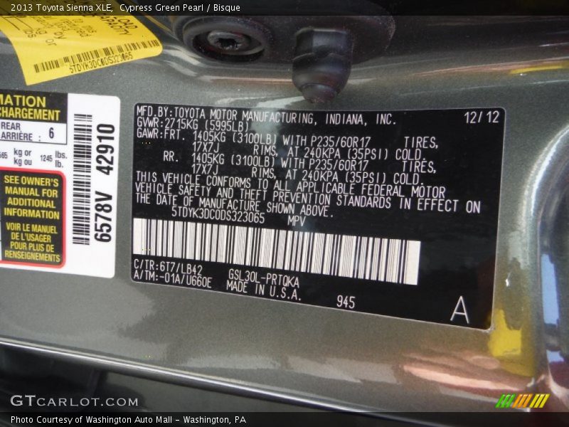 2013 Sienna XLE Cypress Green Pearl Color Code 6T7