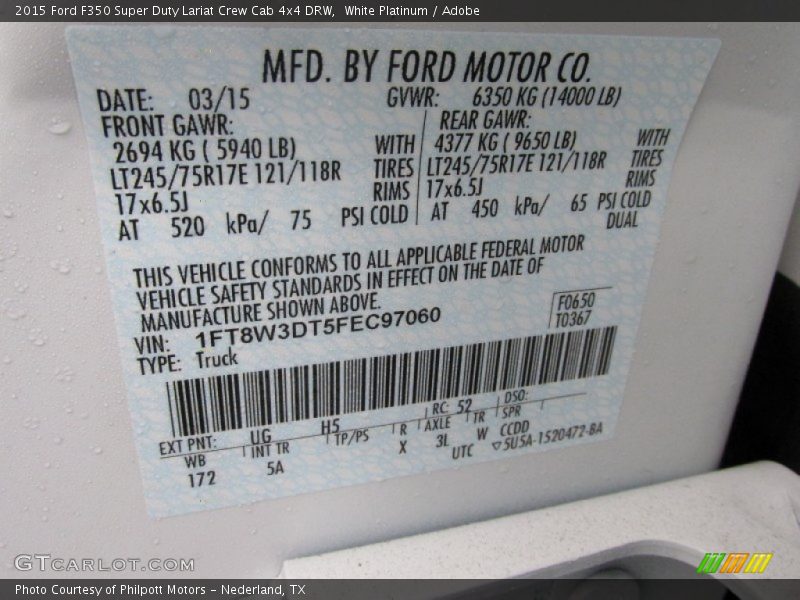White Platinum / Adobe 2015 Ford F350 Super Duty Lariat Crew Cab 4x4 DRW
