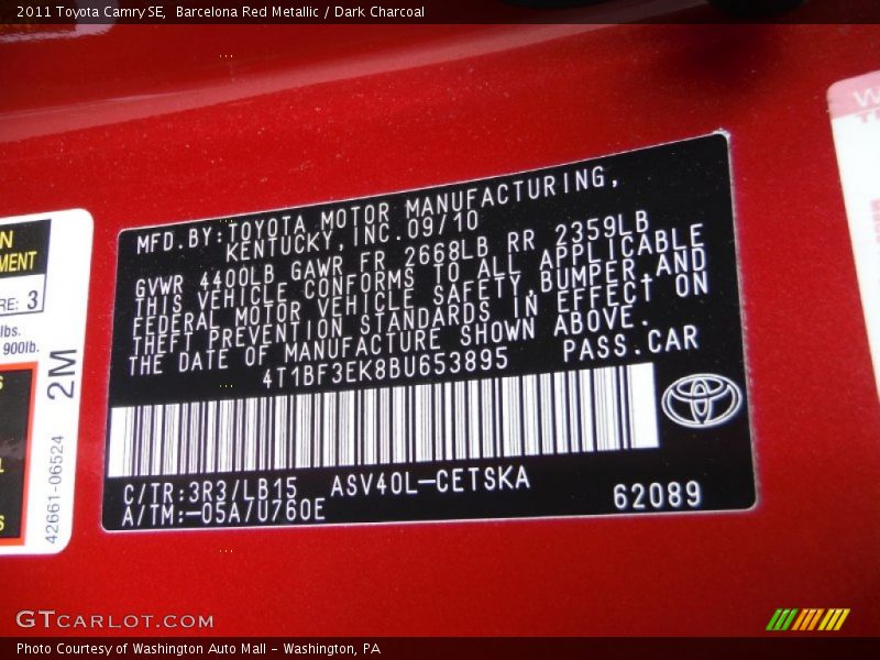 Barcelona Red Metallic / Dark Charcoal 2011 Toyota Camry SE