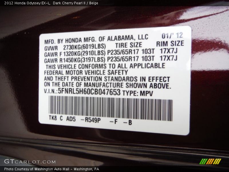 Dark Cherry Pearl II / Beige 2012 Honda Odyssey EX-L