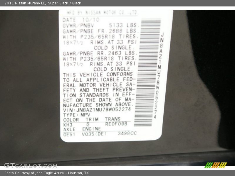 Super Black / Black 2011 Nissan Murano LE