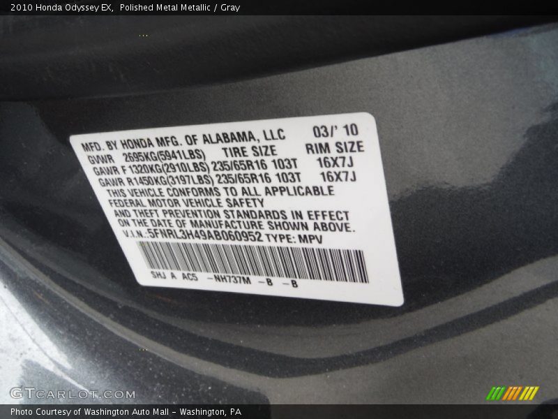 Polished Metal Metallic / Gray 2010 Honda Odyssey EX