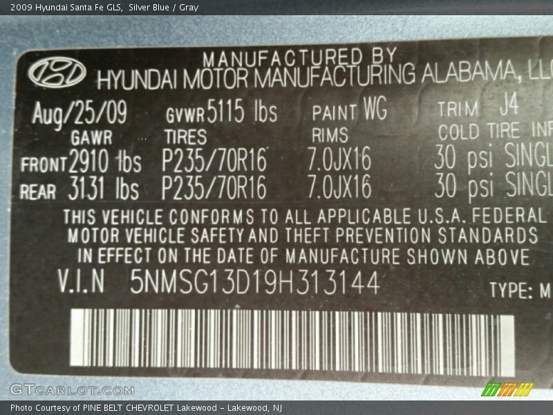 Silver Blue / Gray 2009 Hyundai Santa Fe GLS