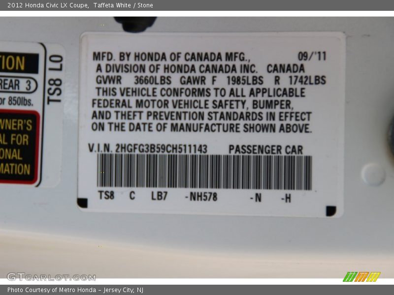 Taffeta White / Stone 2012 Honda Civic LX Coupe
