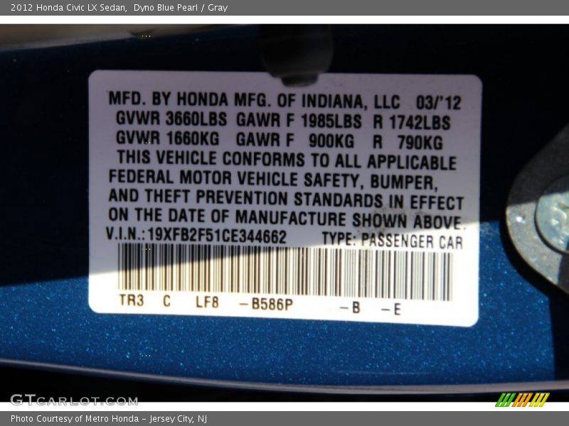 Dyno Blue Pearl / Gray 2012 Honda Civic LX Sedan