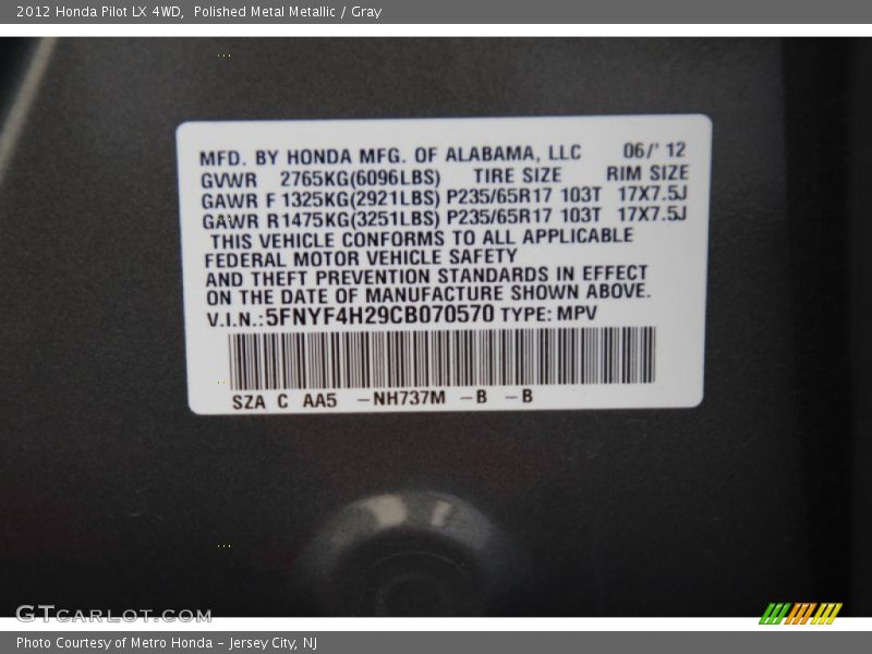Polished Metal Metallic / Gray 2012 Honda Pilot LX 4WD