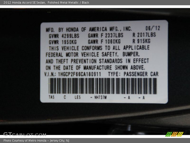 2012 Accord SE Sedan Polished Metal Metallic Color Code NH737M