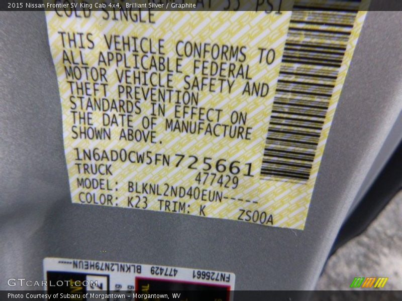 Brilliant Silver / Graphite 2015 Nissan Frontier SV King Cab 4x4