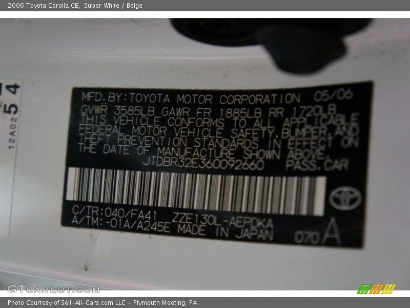 2006 Corolla CE Super White Color Code 040