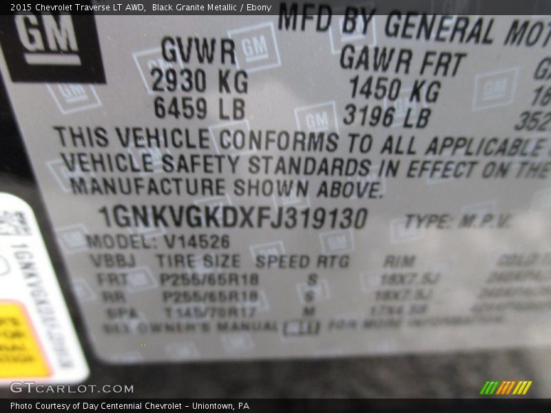 Black Granite Metallic / Ebony 2015 Chevrolet Traverse LT AWD