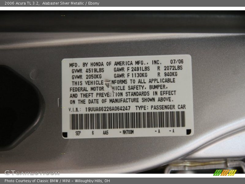 Alabaster Silver Metallic / Ebony 2006 Acura TL 3.2