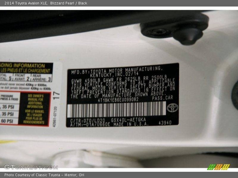 Blizzard Pearl / Black 2014 Toyota Avalon XLE