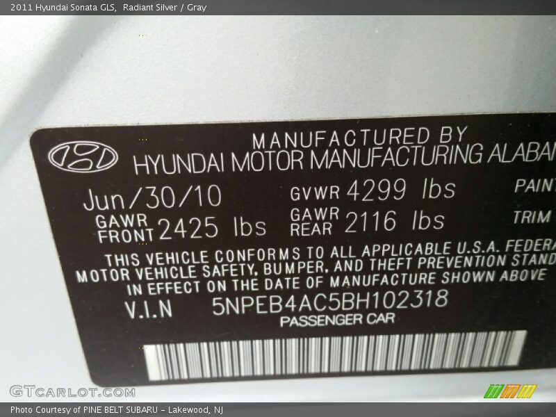 Radiant Silver / Gray 2011 Hyundai Sonata GLS