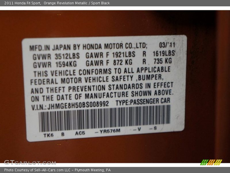 2011 Fit Sport Orange Revolution Metallic Color Code YR576M