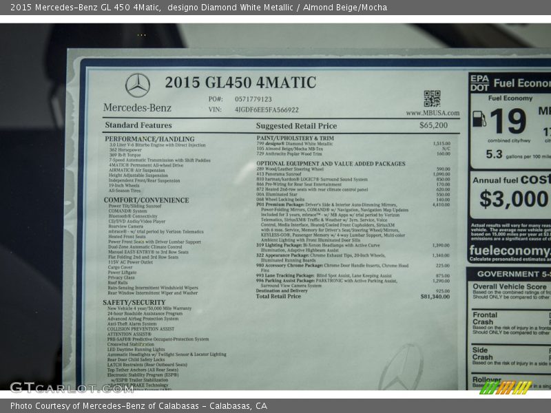  2015 GL 450 4Matic Window Sticker