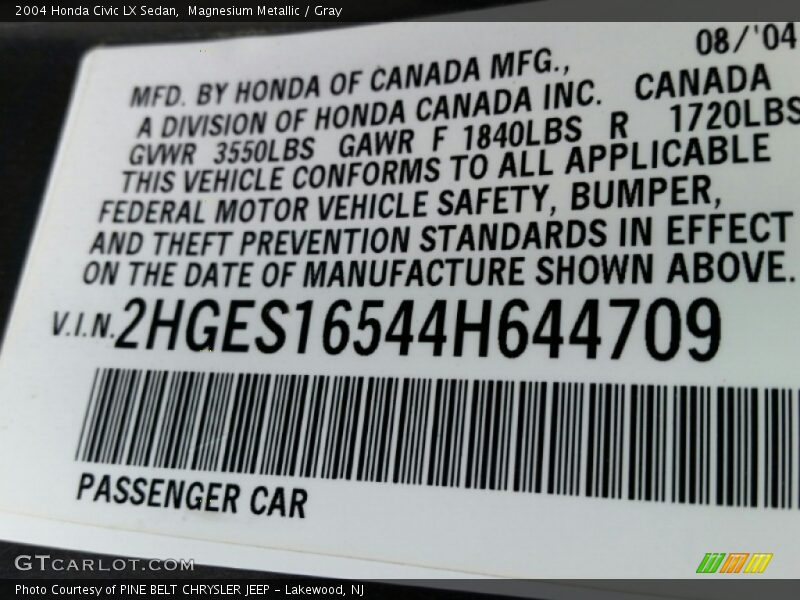 Magnesium Metallic / Gray 2004 Honda Civic LX Sedan