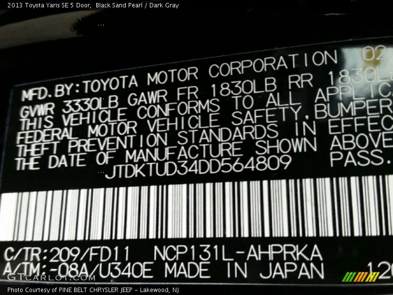 2013 Yaris SE 5 Door Black Sand Pearl Color Code 209