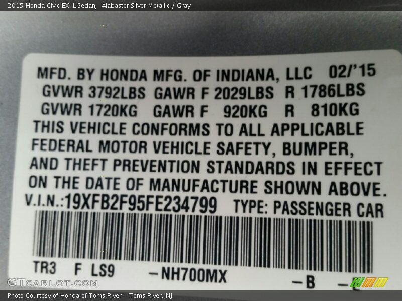 Alabaster Silver Metallic / Gray 2015 Honda Civic EX-L Sedan