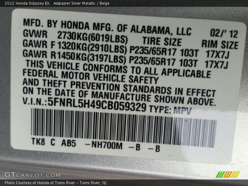 Alabaster Silver Metallic / Beige 2012 Honda Odyssey EX