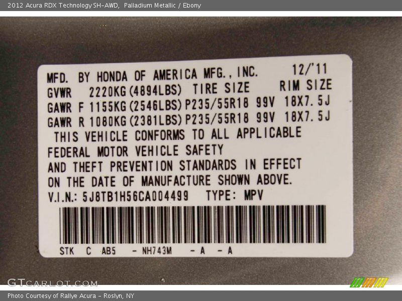 Palladium Metallic / Ebony 2012 Acura RDX Technology SH-AWD