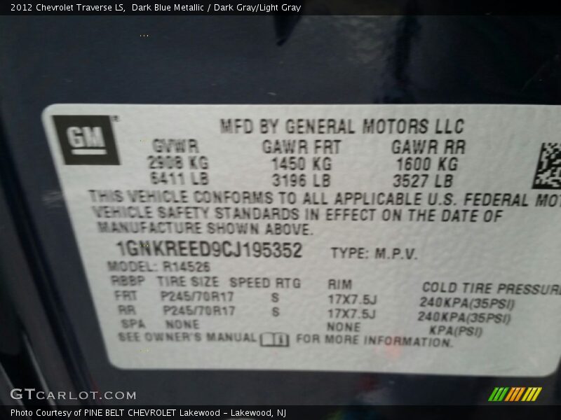 Dark Blue Metallic / Dark Gray/Light Gray 2012 Chevrolet Traverse LS