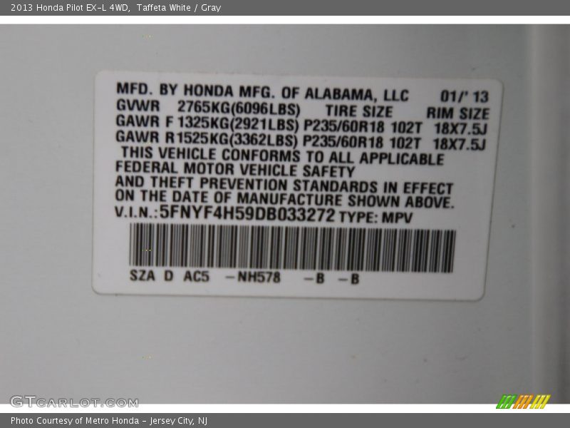 Taffeta White / Gray 2013 Honda Pilot EX-L 4WD