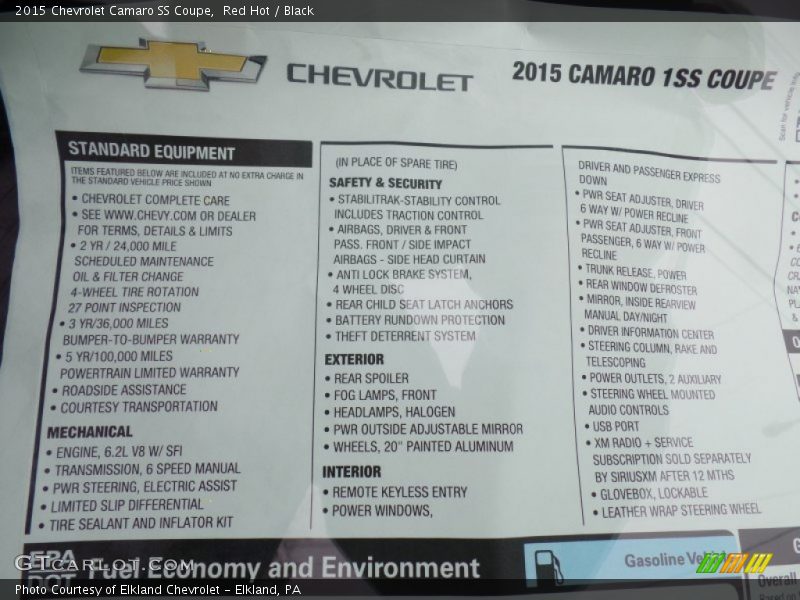  2015 Camaro SS Coupe Window Sticker