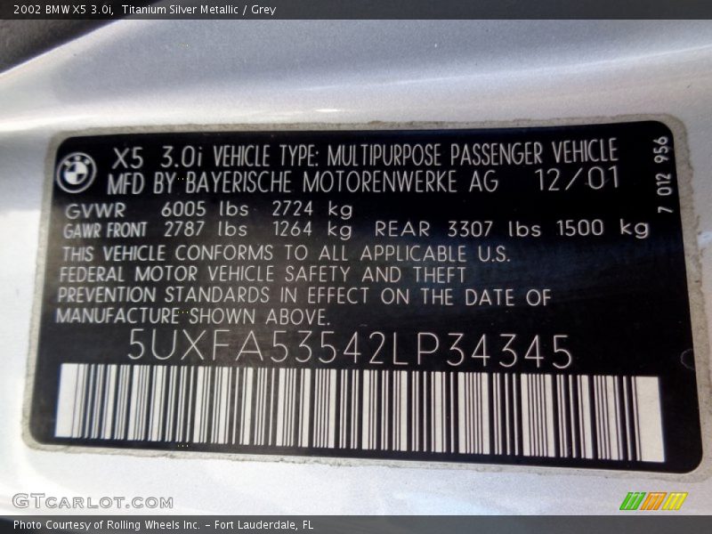 Titanium Silver Metallic / Grey 2002 BMW X5 3.0i