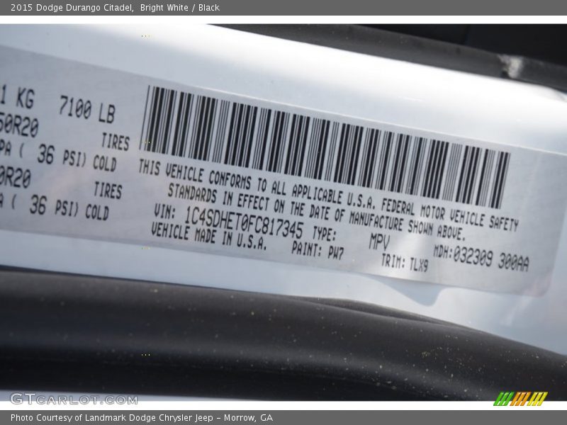 Bright White / Black 2015 Dodge Durango Citadel