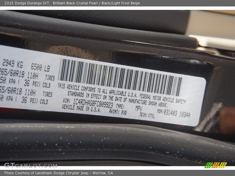 2015 Durango SXT Brilliant Black Crystal Pearl Color Code PXR