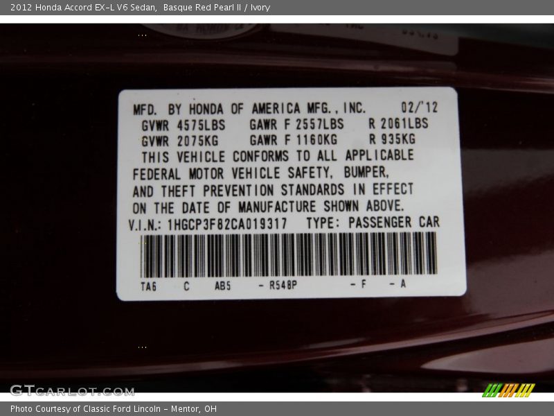 Basque Red Pearl II / Ivory 2012 Honda Accord EX-L V6 Sedan