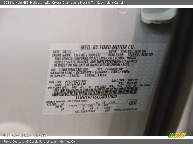 2012 MKS EcoBoost AWD Crystal Champagne Metallic Tri-Coat Color Code JZ