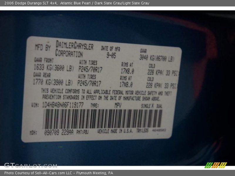 2006 Durango SLT 4x4 Atlantic Blue Pearl Color Code PBJ