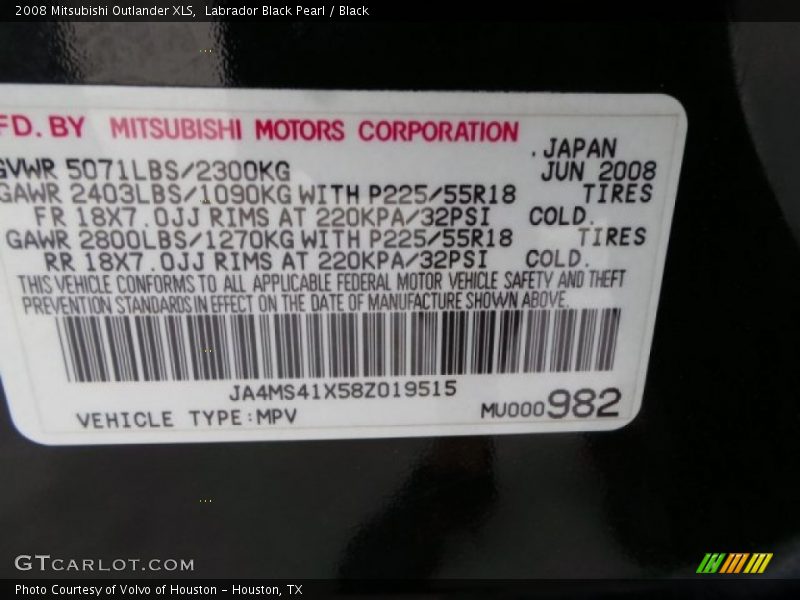 Labrador Black Pearl / Black 2008 Mitsubishi Outlander XLS