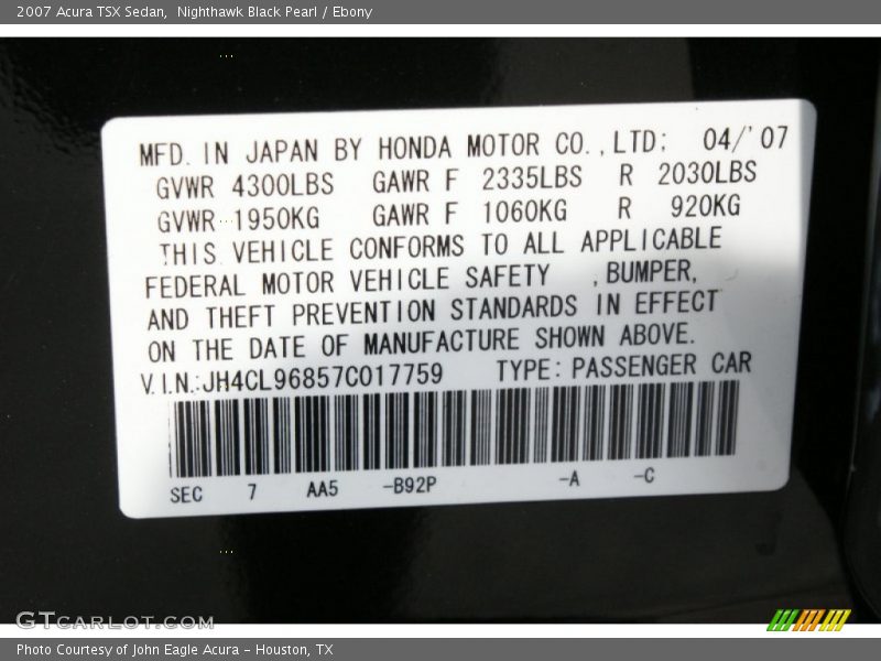 Nighthawk Black Pearl / Ebony 2007 Acura TSX Sedan