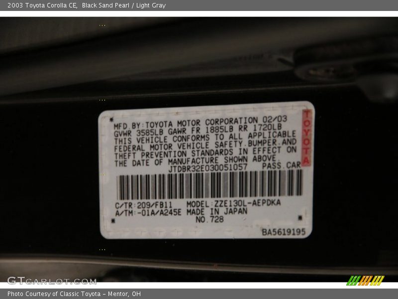 Black Sand Pearl / Light Gray 2003 Toyota Corolla CE