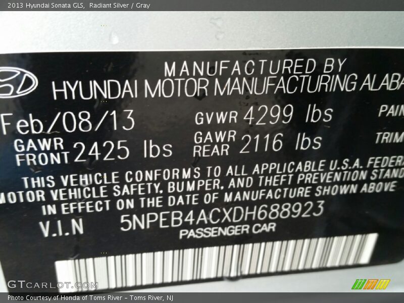 Radiant Silver / Gray 2013 Hyundai Sonata GLS