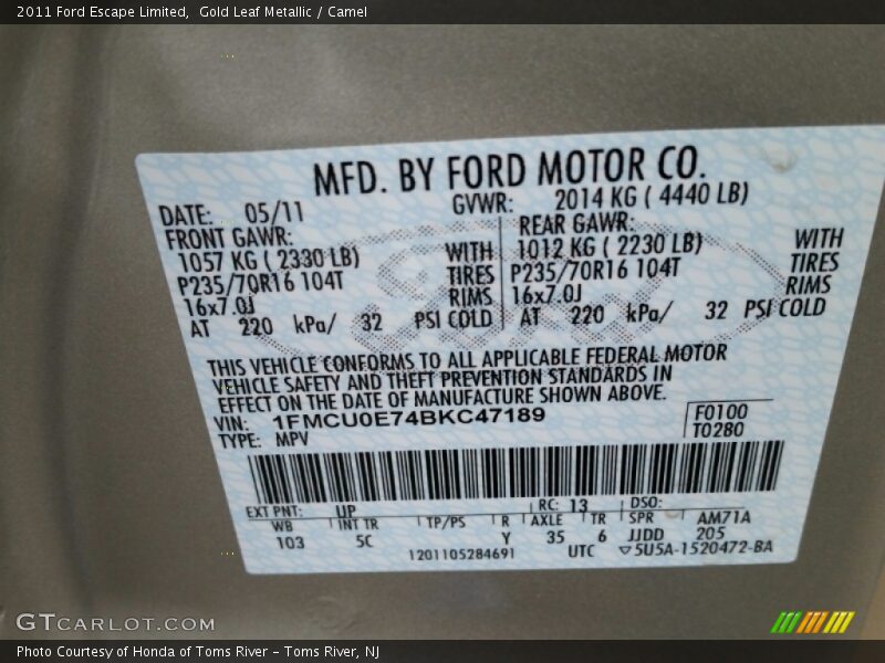 Gold Leaf Metallic / Camel 2011 Ford Escape Limited