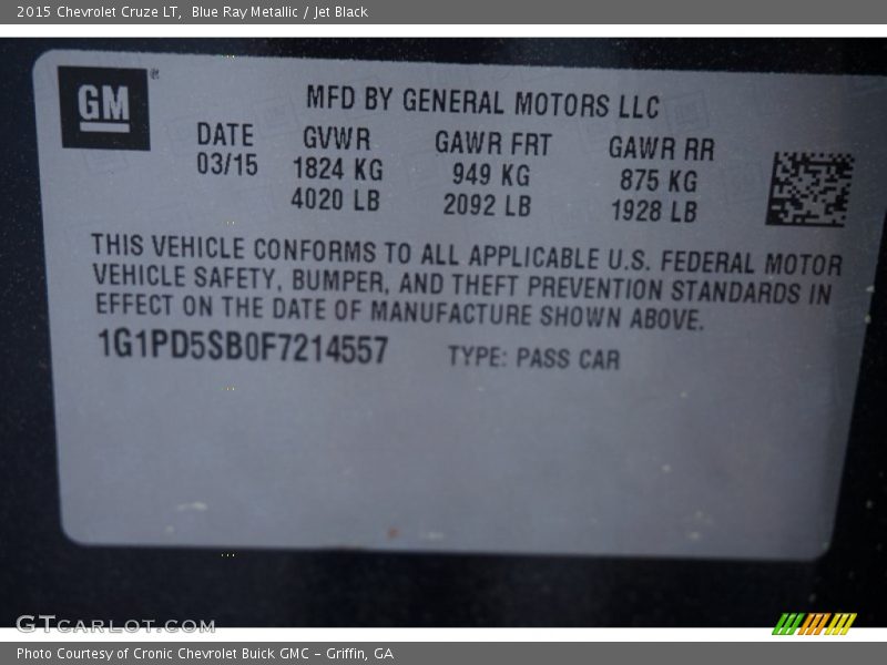 Blue Ray Metallic / Jet Black 2015 Chevrolet Cruze LT
