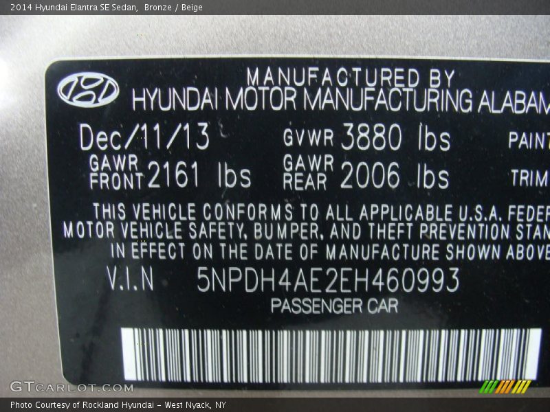 Bronze / Beige 2014 Hyundai Elantra SE Sedan