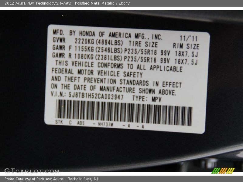 Polished Metal Metallic / Ebony 2012 Acura RDX Technology SH-AWD