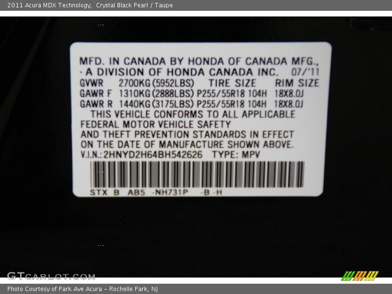 Crystal Black Pearl / Taupe 2011 Acura MDX Technology