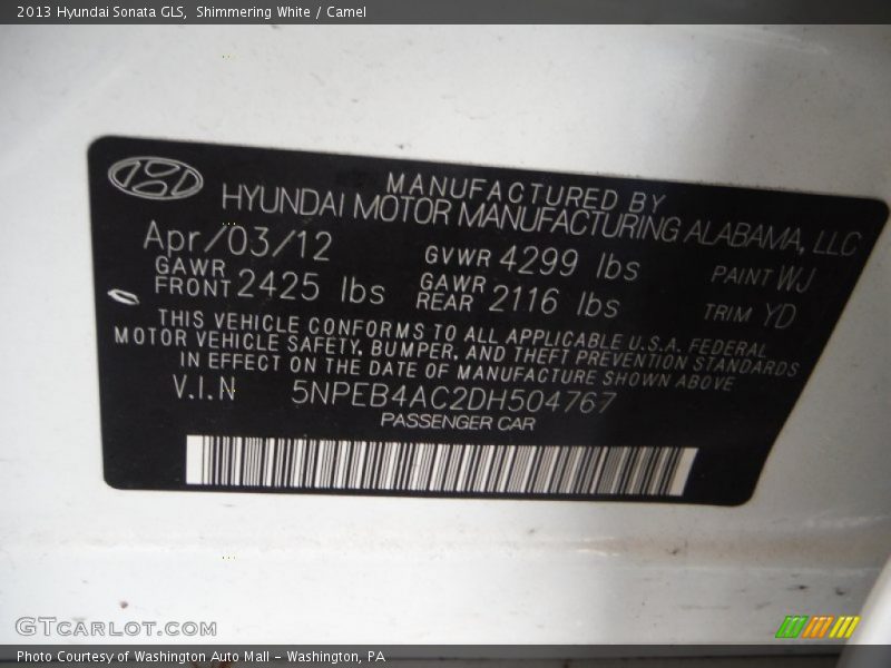 Shimmering White / Camel 2013 Hyundai Sonata GLS