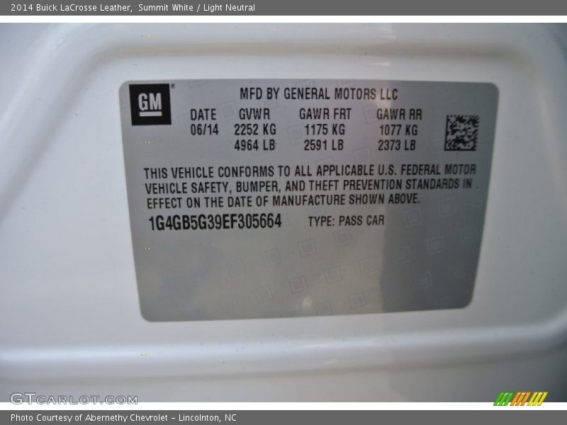 Summit White / Light Neutral 2014 Buick LaCrosse Leather