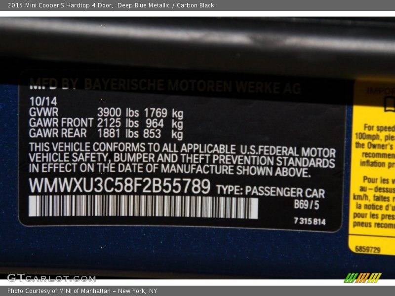 Deep Blue Metallic / Carbon Black 2015 Mini Cooper S Hardtop 4 Door