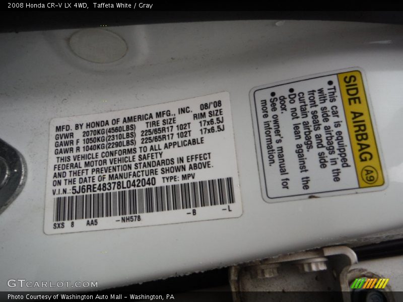 Taffeta White / Gray 2008 Honda CR-V LX 4WD