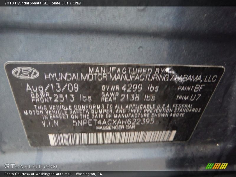 Slate Blue / Gray 2010 Hyundai Sonata GLS