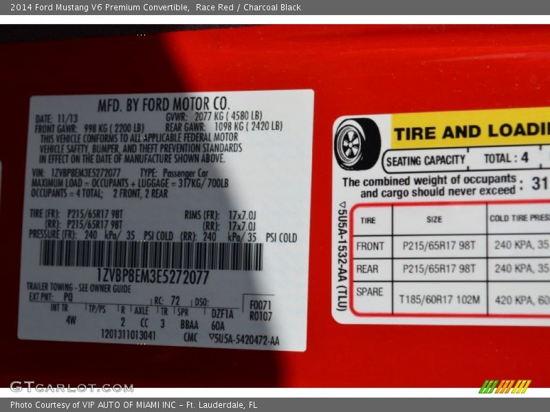 2014 Mustang V6 Premium Convertible Race Red Color Code PQ