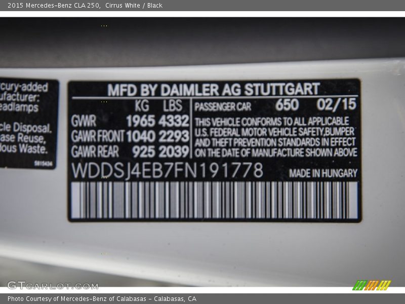 Cirrus White / Black 2015 Mercedes-Benz CLA 250